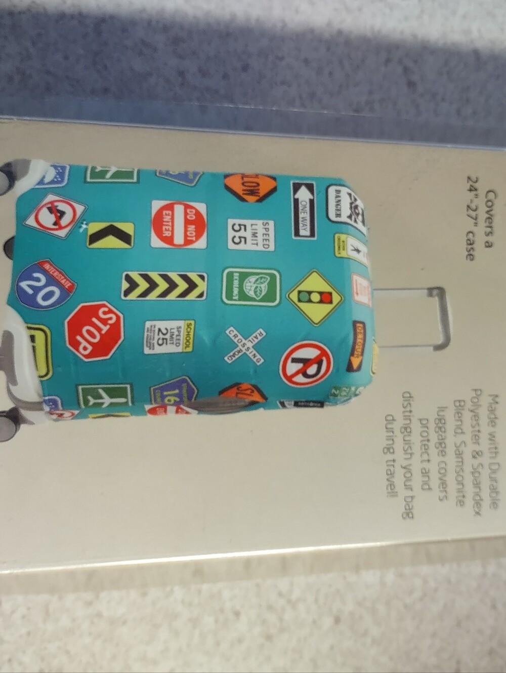 NIB Samsonite Teal Luggage Cover with Road Sign Pattern, Med 24"-27"